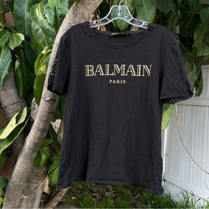 Rare Balmain Paris X H&M Black Graphic T-Shirt with a Gold Logo